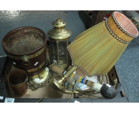 Box of assorted items to include; vintage lamp with shade, lantern, wooden with brass banding mug and bucket, dressing table 