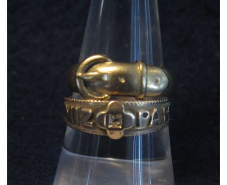 9ct gold Mizpah ring and a 9ct gold buckle ring. (one cut).(B.P. 24% incl. VAT) CONDITION REPORT: Weight 5.1g