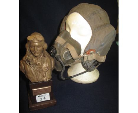 RAF type pilot's fabric leather lined flying helmet with rubber oxygen mask, together with a composition bust of 'Pilot offic