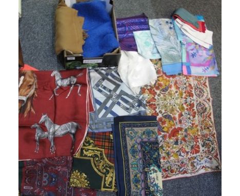Box of vintage silk and other scarves to include; a multi-colour floral and jester design silk scarf by Nina Ricci Paris, a s