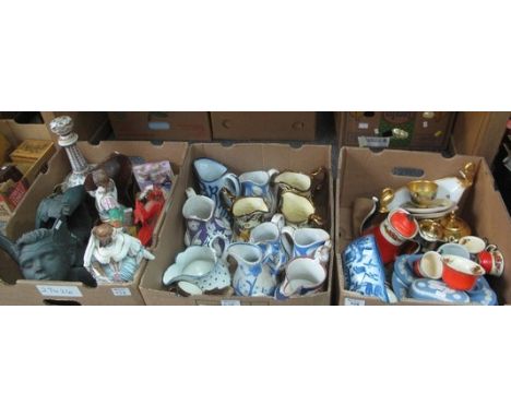 Three boxes of assorted china to include; Wedwood Jasperware, chambersticks, trinket box and plate, Royal Worcester fruit des