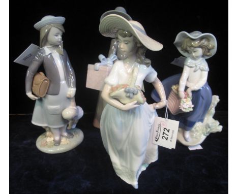 Three Lladro Spanish porcelain figures of girls, together with a similar Nao Spanish porcelain figure of a girl with a basket