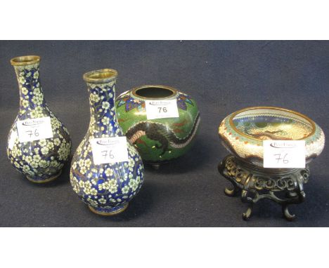A mixed lot of oriental cloisonne items, to include; pair of prunus vases, Japanese censor missing its lid and a Chinese smal