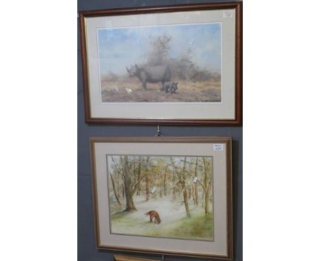 After David Shepherd, rhinoceroses in a landcape, coloured print, together with Maureen Mantle, fox in a winter woodland, sig