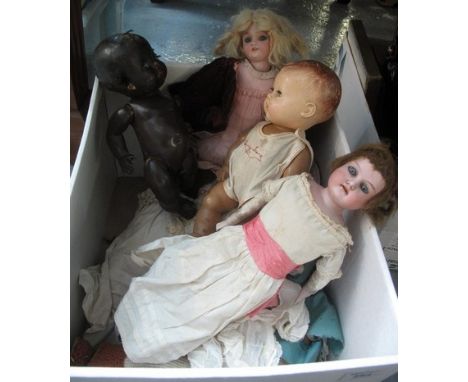 Box of assorted, mainly early 20th Century bisque headed German dolls, Armand and Marseille etc, with fitted clothing, natura