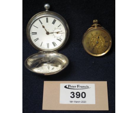 19th Century silver keywind pocket watch (incomplete) and a 14ct gold keyless fob watch with engine turned Roman face. (2)(B.