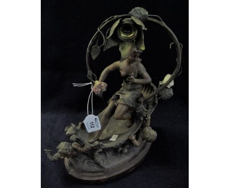 Art Nouveau design spelter table lamp in the form of a young seated lady with cherubs and foliage on a marble oval base. (B.P