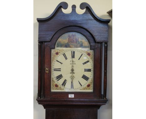 19th Century oak 30 hour longcase clock marked P.Rees, Llanarth with painted castle and flowers. (B.P. 24% incl. VAT)
