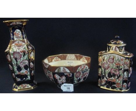 Three Mason's Ironstone 'Penang' items to include; octagonal bowl, lidded tea caddy and vase (modern). (3) (B.P. 24% incl. VA