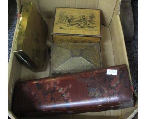 Four assorted trinket and jewellery boxes to include; metal box with gold floral decoration, lacquered box, plain gold colour