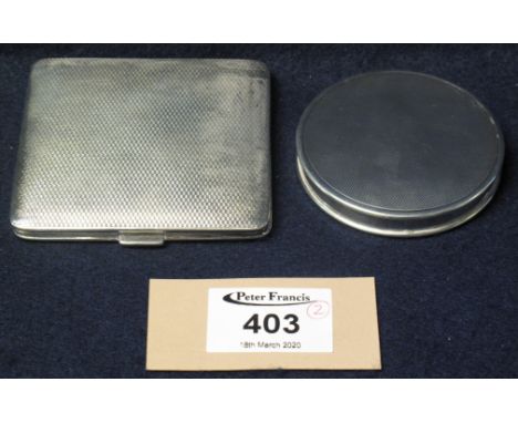 Silver engine turned rectangular shaped cigarette case with Birmingham hallmarks, together with a silver circular shaped engi