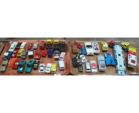 Two trays of playworn diecast model vehicles to include; Corgi Major toys Carrimore car transporter, Corgi Supermobile, Corgi