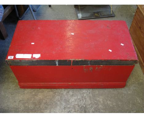 19th Century painted pine trunk of rectangular form with metal carrying handles. (B.P. 24% incl. VAT) 