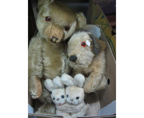 Box of vintage and other soft toys to include; Chad valley seated puppy and a teddy bear with moveable limbs. (B.P. 24% incl.