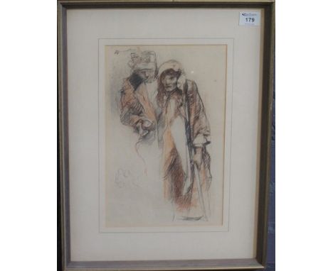 After Sir Frank Brangwyn, theatrical study, portrait of two figures, coloured print. Alexander gallery label verso, 35 x 23cm