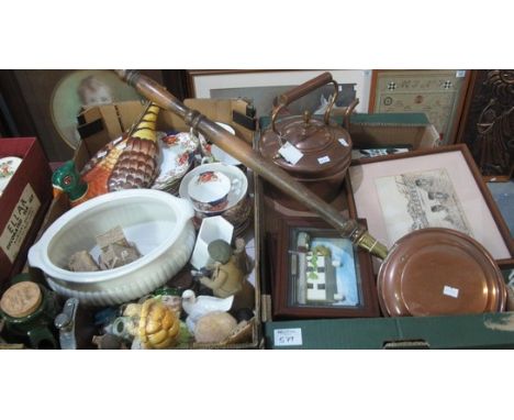 Two boxes of assorted items to include; floral teaware, miniature character jugs, copper kettle, warming pan, modern hunting 