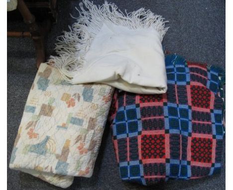 Vintage woollen multi-colour Welsh tapestry blanket with fringed edges, together with a vintage floral pattern quilt and a cr