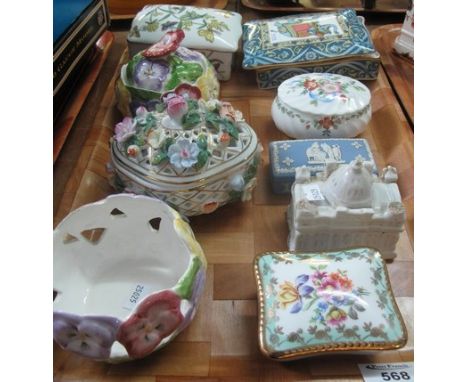 Tray of assorted porcelain to include; Pansy fine ceramics jar and cover, Wedgwood blue and white Jasperware trinket box, Wed