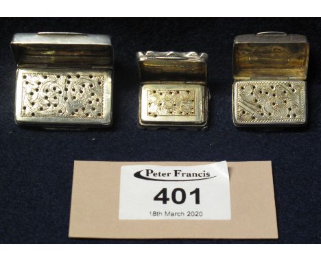 Three engine turned and engraved silver vinaigrettes, 19th Century. (3)(B.P. 24% incl. VAT)