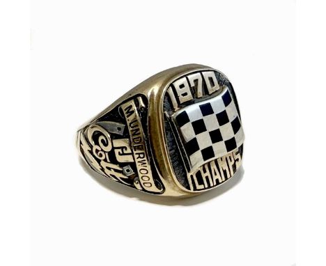 Motorsport interest: Indianapolis/ Indy 500, a 1970 winner's ring, yellow metal, stamped 'Josten 10K', the bezel modelled a w