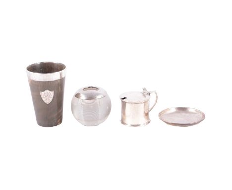 A horn beaker with silver rim; silver drum mustard lacking liner; glass match striker with silver rim, and a small dish. weig