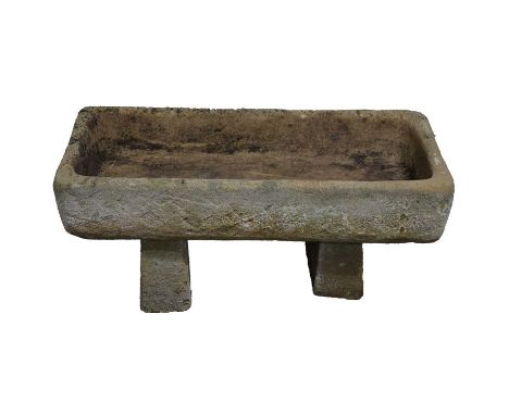 Concrete garden sink, rectangular shallow form, raised on blocks, width 48cm, length 92cm, height on blocks 38cm.