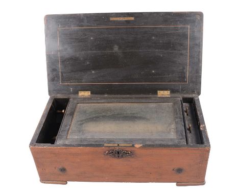 Swiss musical box, wooden case (stained), 24cm cylinder, not work, as found.46cm.Condition report:In very poor condition, com