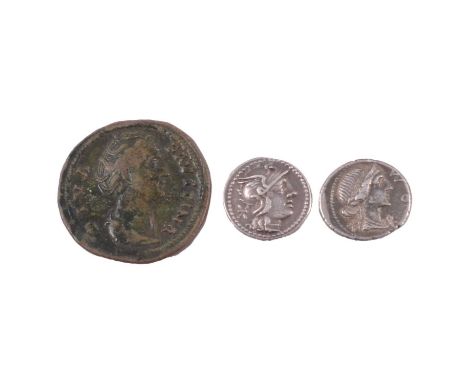 A silver denarius, possibly Manlius Aemilius Lepidus, 3.8g; another silver denarius, 3.9g; a Diva Faustina sestertius, 25.7g;