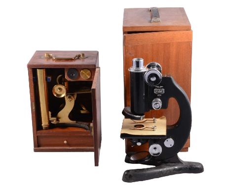 Wheeler of London, a brass monocular microscope, with some accessories, in a mahogany box, 25.5cm, and Beck - a Model 47 micr