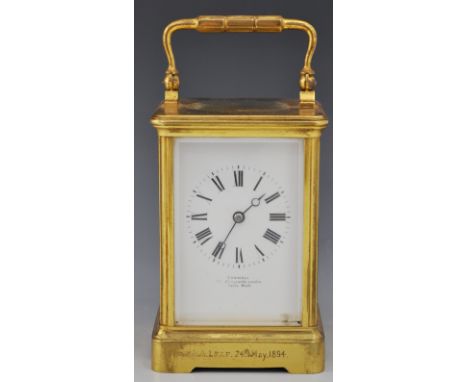 French brass cased carriage clock, white enamel dial, signed Connell, Cheapside, London, Paris made, engraved dated 1894, 14c