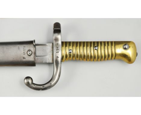 French sword bayonet, 58cm blade, back engraved, St Étienne 1872, brass hilt, steel scabbard with matching numbers.