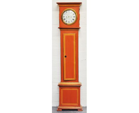 Painted longcase clock, white enamel dial, signed A.A.S. Mora, two chain movement, striking on a bell, 205cms.