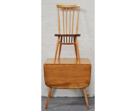 Ercol drop leaf dining table, 134cm x 75cm, three comb back chairs and a stool frame (5).