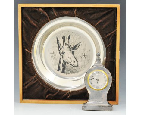 Silver cased mantel clock, London 1915, silver dial, signed Harrods, 15cm and a circular plaque, Giraffe after Bernard Buffet