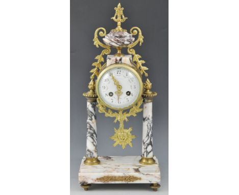 French marble and brass mounted three-piece clock garniture, the clock case with an urn surmount, distinctly signed, cylinder