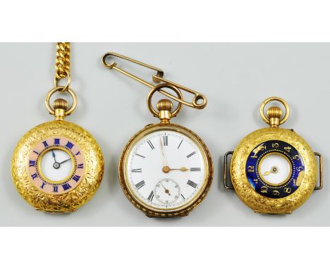 12ct hallmark gold fob watch, bright cut engraved decoration, enamel chapter ring, enamel dial, keyless lever movement on a y