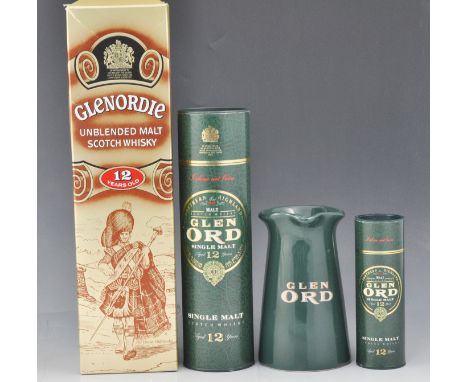 Whisky:  Glenordie, un-blended malt scotch whisky, twelve years old, boxed, two small bottles of Glen Ord jug (4).