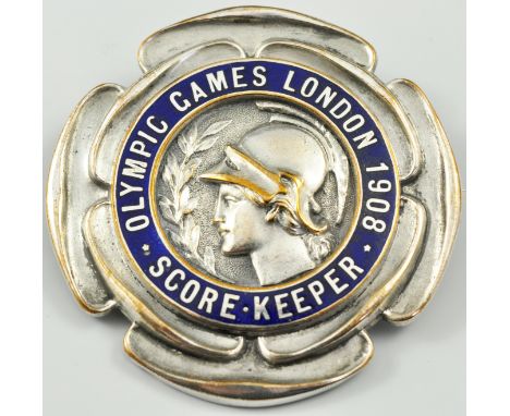 Olympic Games, London 1908, a score keepers plated and enamel badge by Vaughton, Birmingham, diameter 6cm.