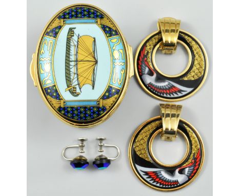 Oval enamel box, Michaela Frey Team, 6cm, a pair of Michaela Frey pendant ear-rings and a pair of clip ear-rings.