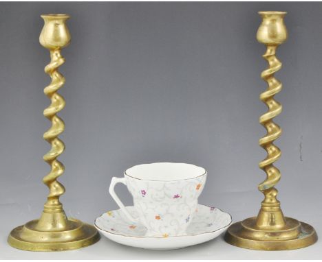 Radford bone china tea set, Flower and Scroll pattern, other pottery, a pair of brass candlesticks, Britannia metal three pie