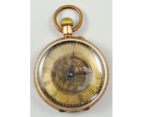 14k gold fob watch, bright cut engraved decoration, engine turned dial, keyless lever movement, diameter 4cm.