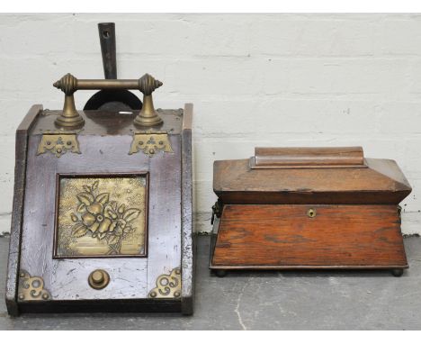 Victorian rosewood sarcophagus shape tea caddy, 36cm and a Victorian stained and brass mounted coal box (2).