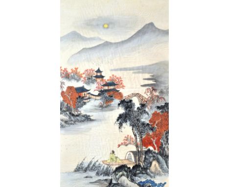 Chinese School, Figures in a Garden, brush drawing on rice paper, 87cm x 53cm and another, Landscape with Pavilions (2).