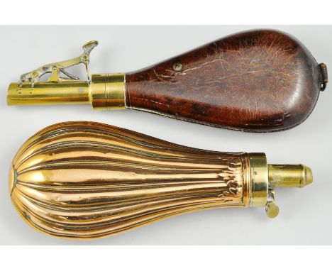 Copper gunpowder flask, fluted form, brass mounted, 20cm and a brass mounted leather shot flask.