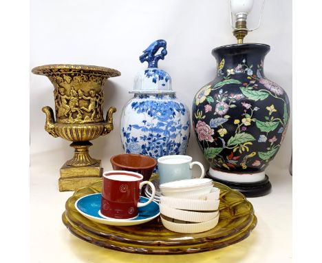 A Chinese style blue and white vase and cover, assorted other ceramics and glass (2 boxes)