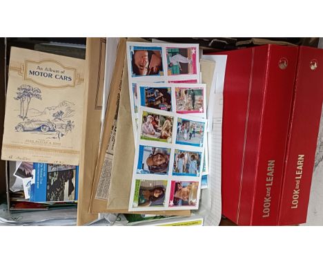 Assorted cigarette cards, playing cards and two bound folders containing Look And Learn magazines (box)