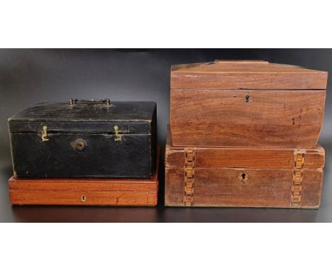 A mahogany caddy, 38 cm wide, assorted treen, a leather jewellery box and another box (qty)