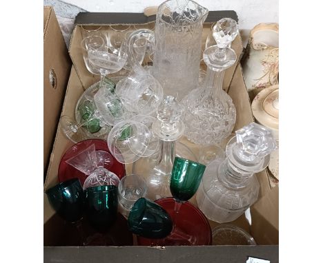 A set of nine cranberry glass bottles, and assorted glassware (box)