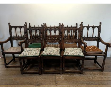 A set of eight oak dining chairs (6+2) ,and&nbsp; mahogany side table, with a raised back, 123 cm wide