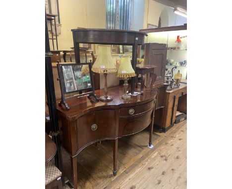 A serpentine front sideboard, an oak corner cabinet, a demi lune side table, a mirror, a stool and two lamp bases (7)